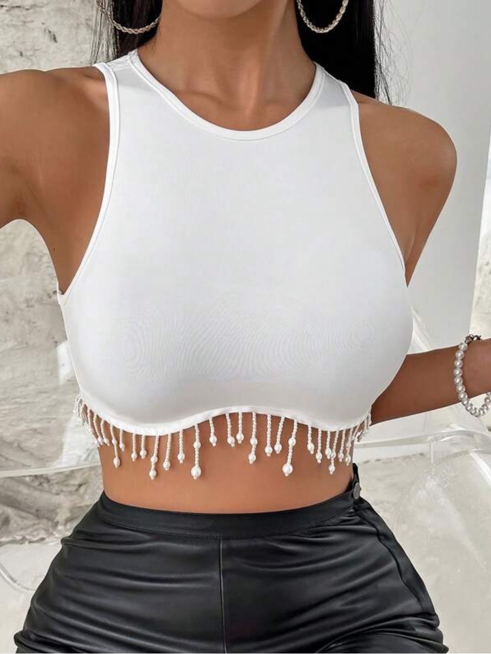 SHEIN White Beaded Fringe Cropped Tank